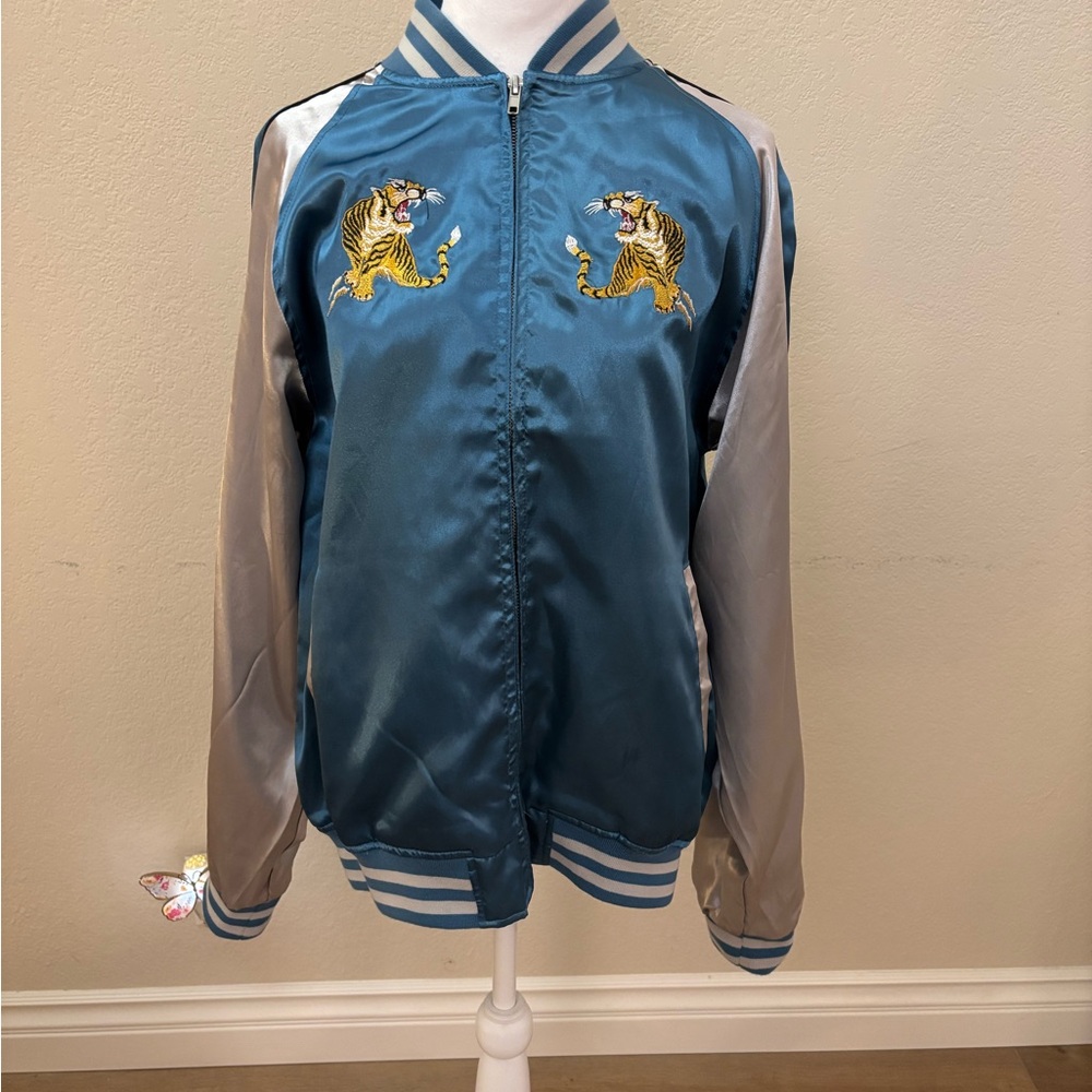 Blue Satin Jacket with Tiger Embroidery